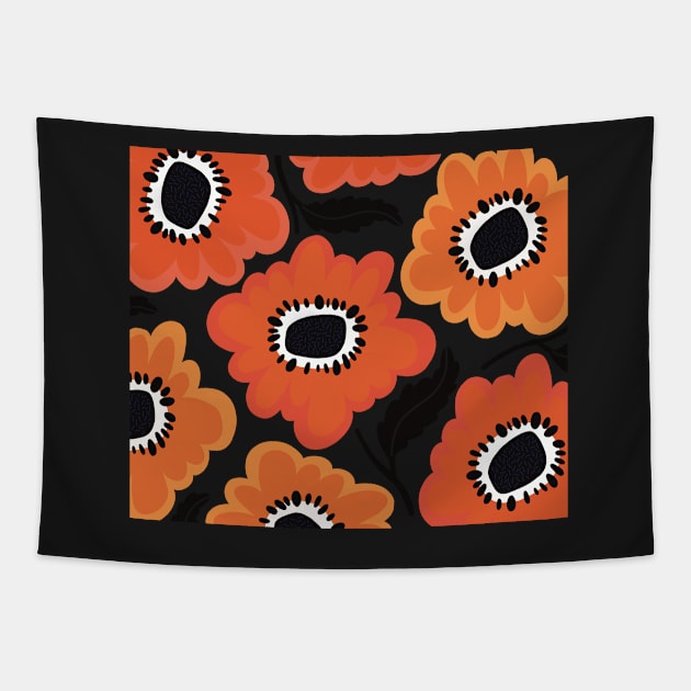 Happy flowerpower pattern in 1970-style, orange, black, red Tapestry by marina63