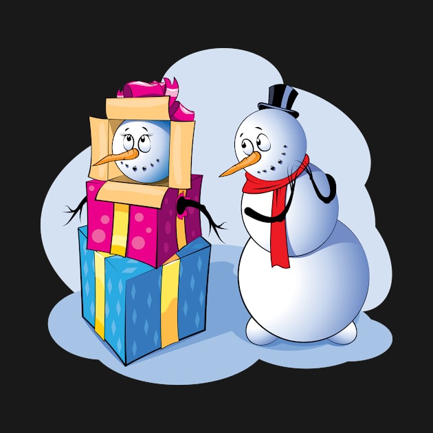 Funny Snowman Couple with Gifts by bluerockproducts