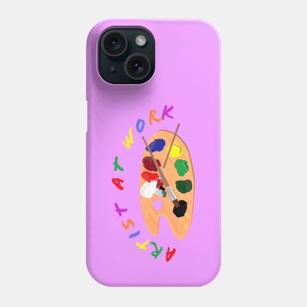 Artist at Work. Wooden Artist Palette with Colorful Paints and Brushes. Multicolored Lettering. Lavender Purple Background. Phone Case by Art By LM Designs 