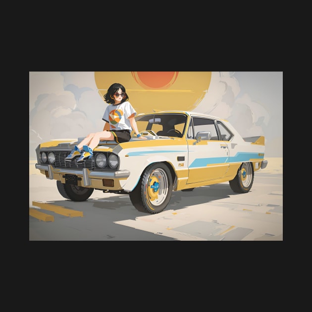 Vintage girl and retro yellow car by UmagineArts