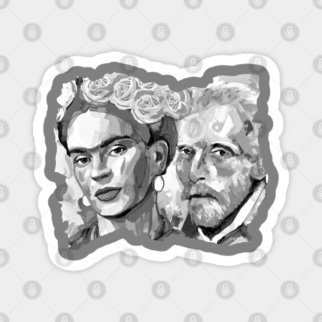 Frida Kahlo and Van Gogh Black and White 3 Magnet by mailsoncello