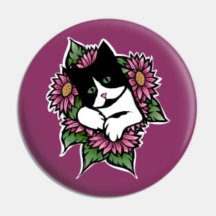 Tuxedo Cat Floral Pin