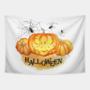 Halloween, watercolor pumpkins, spider web Tapestry