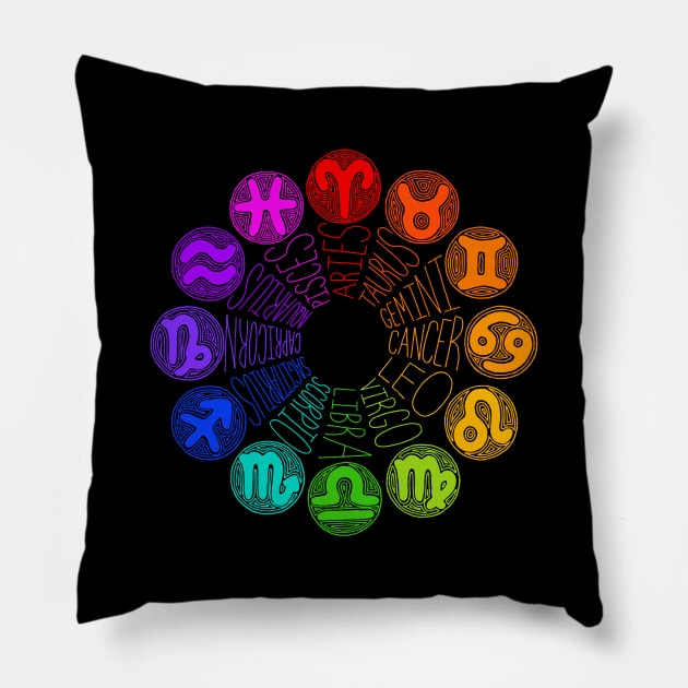 Zodiac Signs (rainbow) Pillow by calenbundalas