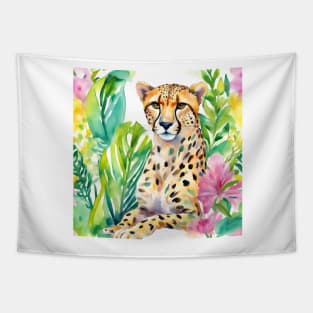 Preppy watercolor portrait of a sitting cheetah in a tropical forest Tapestry