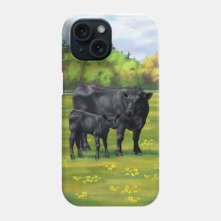 Black Angus Cow and Cute Calf in Summber Pasture Phone Case
