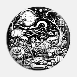 White Night of Trippy Dreamscape Pumpkin Forest, Halloween Pin