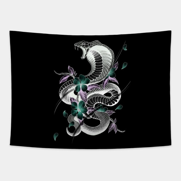 Fierce Cobra Tattoo Style with Cherry Blossoms Tapestry by Tred85