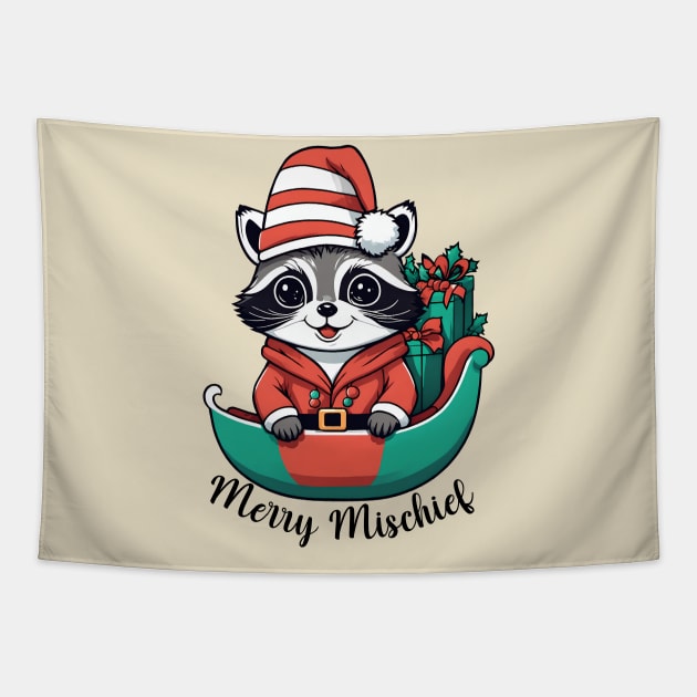 Merry Mischief Raccoon Christmas Sleigh Tee Tapestry by WolfMerrik