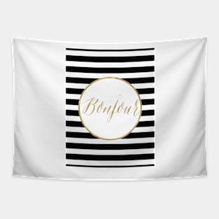 Bonjour Gold, black and white stripe Tapestry