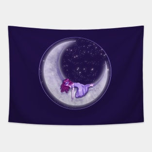 She Was Like The Moon, girl on moon, mask, masquerade dress, crescent moon Tapestry