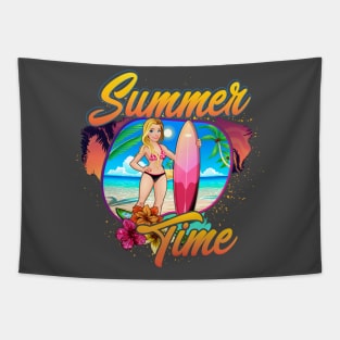 Summer Time surfer girl cute flowers beach Tapestry