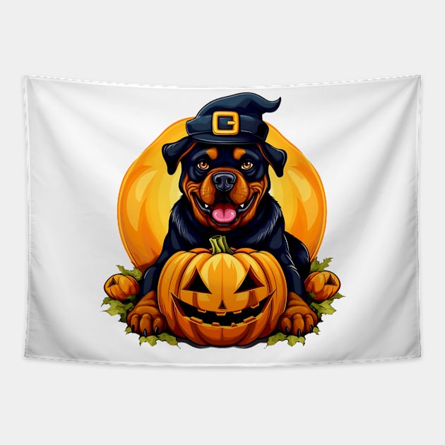 Rottweiler Dog inside Pumpkin #1 Tapestry by Chromatic Fusion Studio