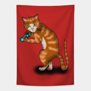 Cartoon ginger cat weights workout Tapestry