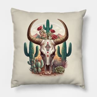 Boho Bull Skull in Desert Landscape Pillow