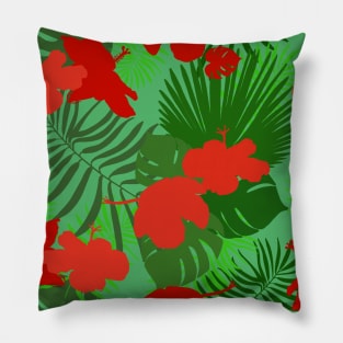 Hand drawn hibiscus, tropical leaves red and green pattern Pillow