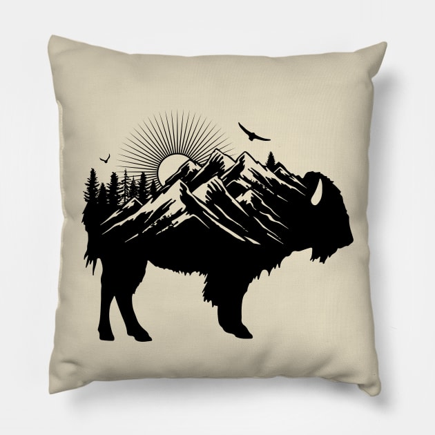 Buffalo Silhouette - Retro Bison Mountain - Buffalo Lover Pillow by OrangeMonkeyArt