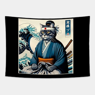 Vaporwave Samurai Cat Great Wave Off Kanagawa Tapestry