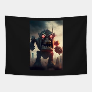 Alien Monster giant robot cyborg attacking the city Tapestry