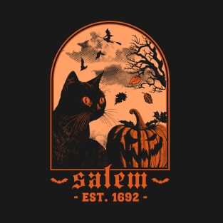 Salem 1692 - Black Cat Pumpkin - Retro Vintage Halloween T-Shirt