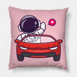 Cute Astronaut Driving Car And Waving Hand Cartoon Pillow