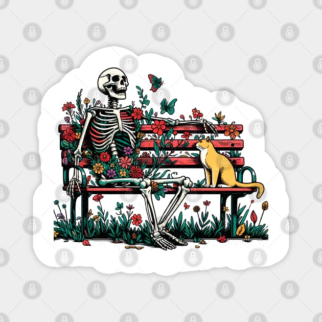 Curious Cat with bench floral bench skeleton Magnet by Art from the Machine