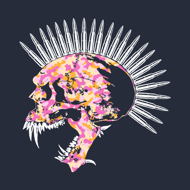 Fanged Skull with Bullet Mohawk, Spiked Jaw in Pink and Gold Camo by RawSunArt