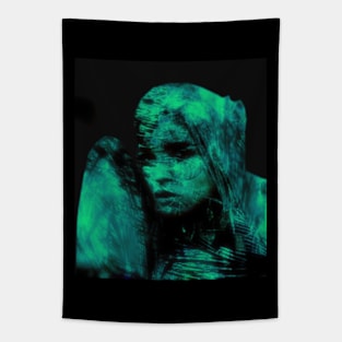 Beautiful girl, warrior with a shield, knight. Dark but beautiful. Blue and green. Tapestry