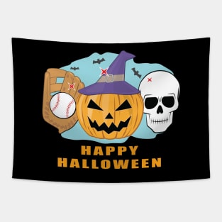 Happy Baseball Halloween - Spooky Skull and Pumpkin Tapestry