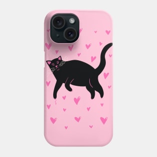 Cute black cat with hearts . Valentine illustration Phone Case