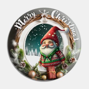 Merry Christmas Greetings: Gnome in ugly Christmas sweater in festive frame Pin