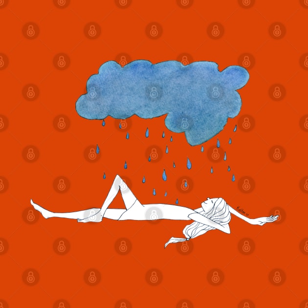 Natula In The Rain · girl laying peacefully beneath a blue storm cloud · simple drawing by natashakolton