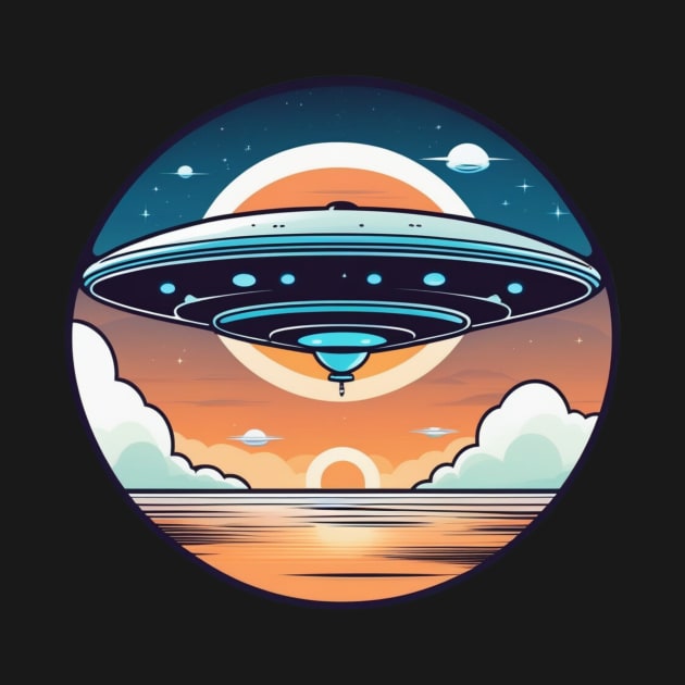 UFO flying saucer vintage over sea sunset by AhmedPrints