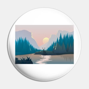Landscape illustration with a deer, river, spruce forest and mountains at sunset Pin