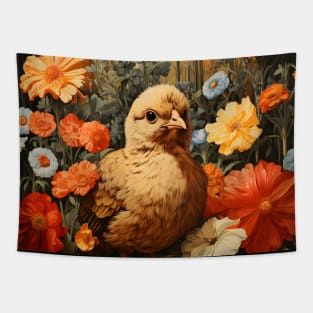 Retro Vintage Art Style Baby Chick in Field of Wild Flowers - Whimsical Farm Tapestry