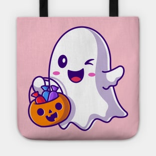 Cute Ghost Holding Candy Basket Pumpkin Cartoon Tote