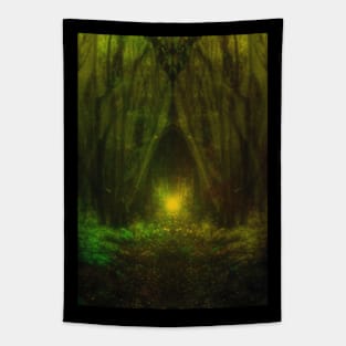 Special processing. Trail to the dark forest, where monster live. There light there. Yellow and green. Tapestry