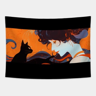 Woman and black cat (orange) Tapestry