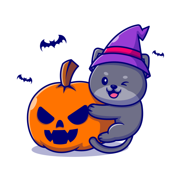 Cute Witch Cat Hug Pumpkin Halloween Cartoon by Catalyst Labs