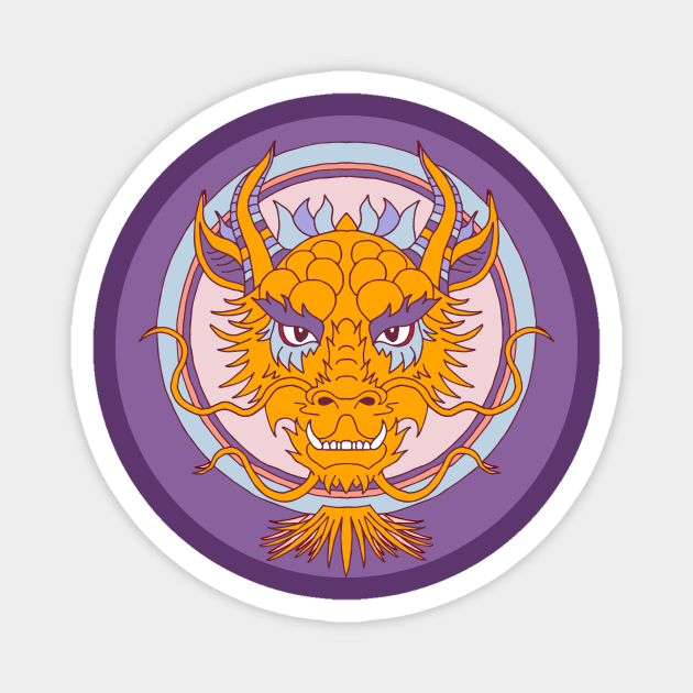 chinese dragon face flame orange and purple Magnet by colorofmagic