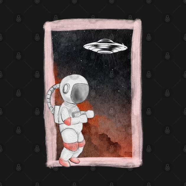 Floating astronaut Ufo alien abduction funny cute spaceship moon mars cosmic space by BoogieCreates