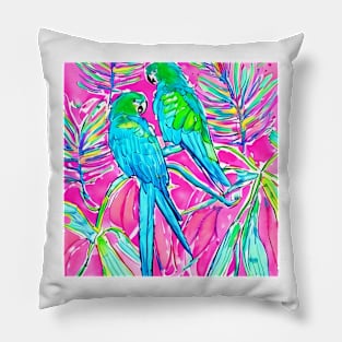 Pink and turquoise watercolor drawing of parrots Pillow