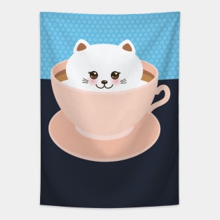 Cute Kawaii cat in pink cup of froth art coffee (1) Tapestry