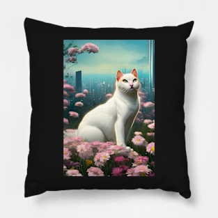 White Cat Surrounded by Flowers Tokyo Background Pillow