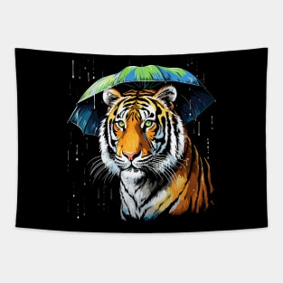 Siberian Tiger Rainy Day With Umbrella Tapestry