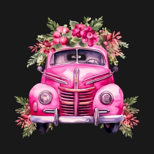 Floral Christmas Vintage Taxi Car T-Shirt
