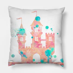 Princess Castle Watercolor Painting Pink Turquoise Pillow