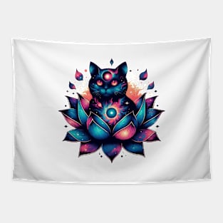 Colorful Abstract Cosmic Cat in Lotus Flower Tapestry