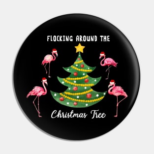 Flamingo Flocking Around Christmas Tree Pin