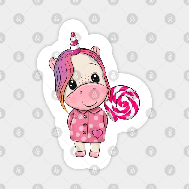 Cute unicorn in a pink coat with a lollipop. Magnet by Reginast777